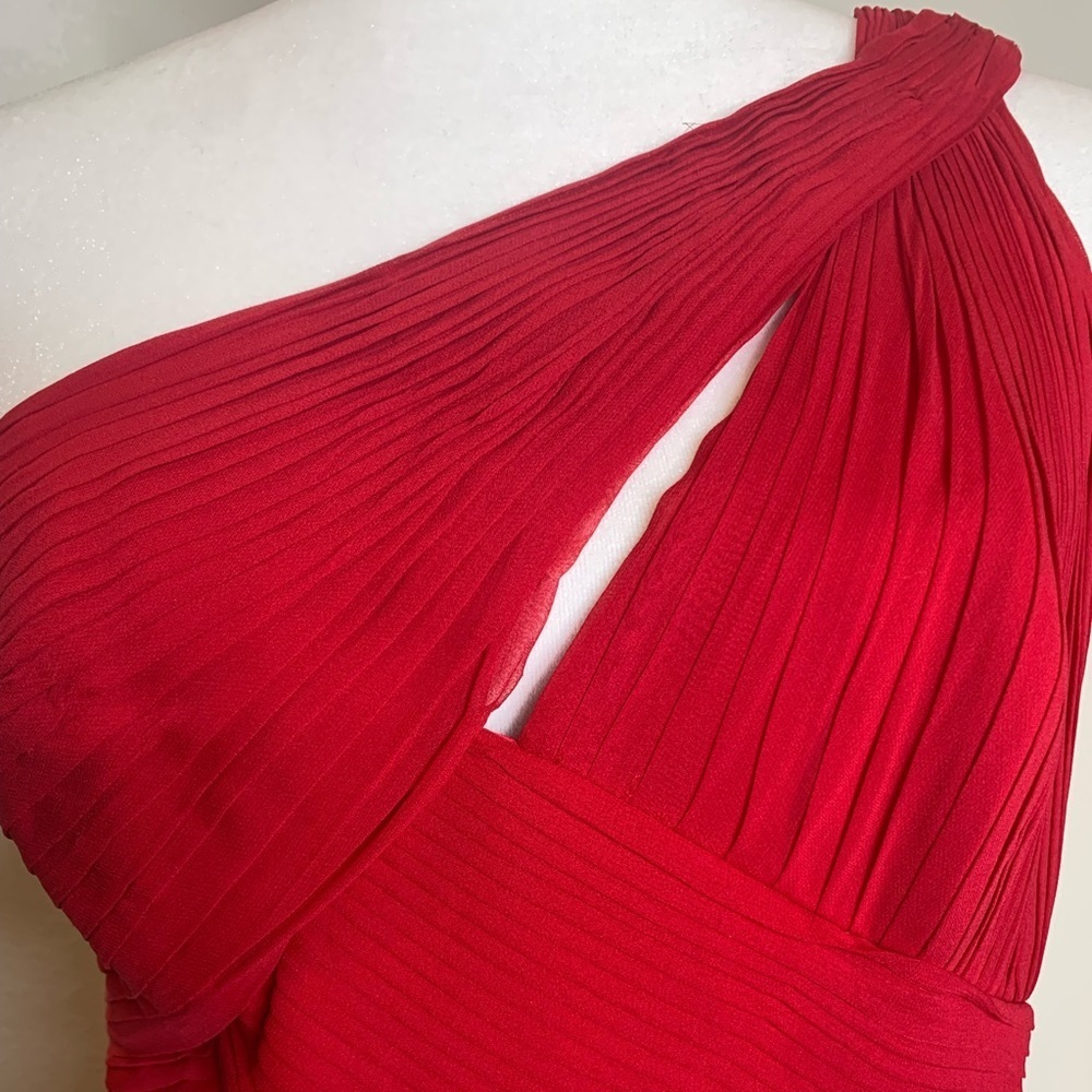 Pamella Roland Red 100% Silk One Shoulder Pleated Cocktail Dress Size 10 USA - Picture 5 of 6